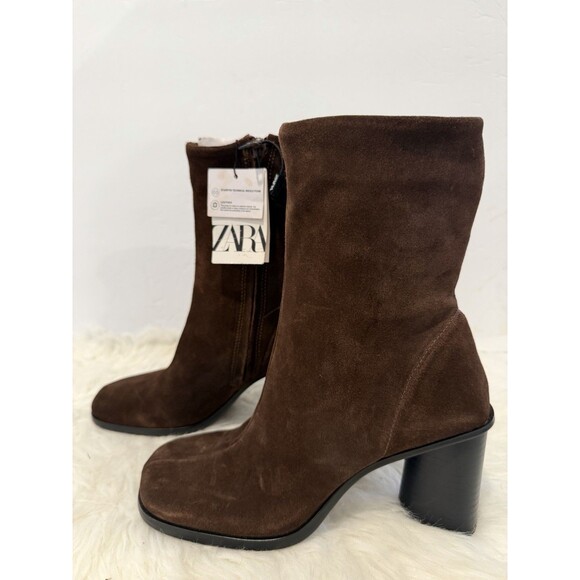 ZARA Women Split Suede Block Heeled Ankle Boots Brown US 7.5 EUR 38 1107/410 - Picture 9 of 15